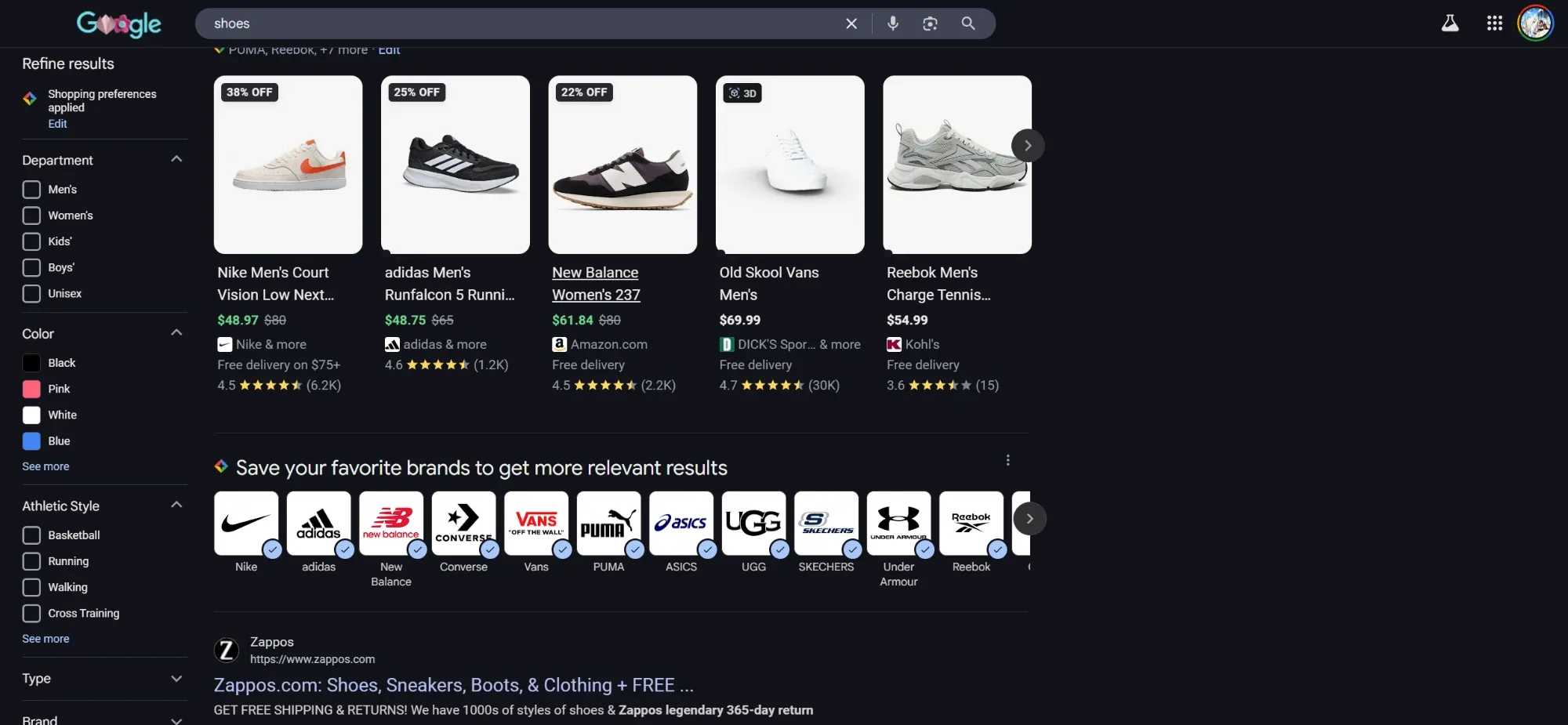 Desktop Google results for shoes show a row of selectable brand logos with blue checkmarks beneath the product listings.
