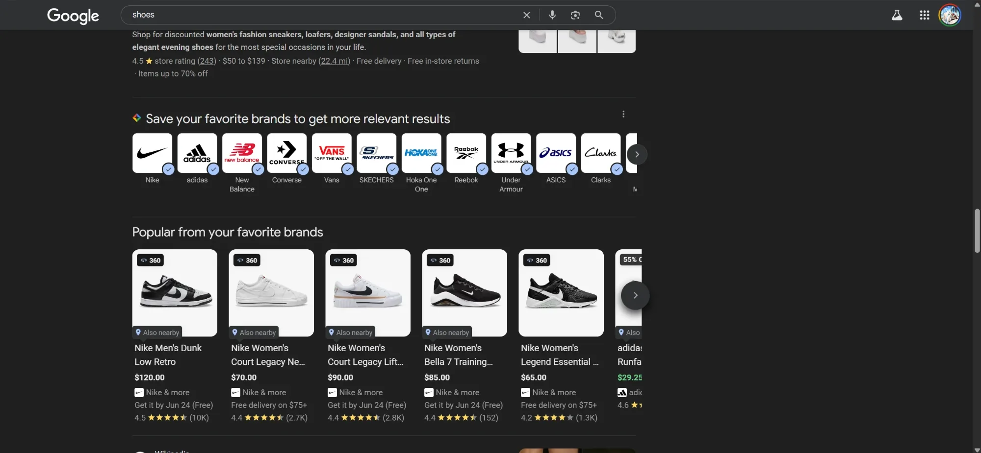 Desktop Google results show selected brand logos above a row of shoes labelled “Popular from your favorite brands.”
