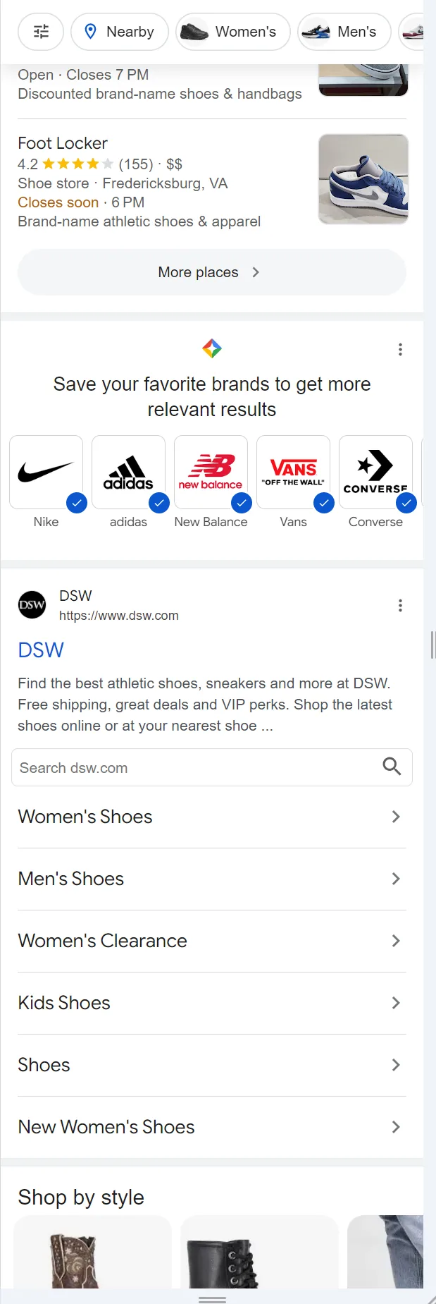 Mobile Google results show Nike, adidas, New Balance, Vans, and Converse selected in a horizontal Brand Picker between search results.