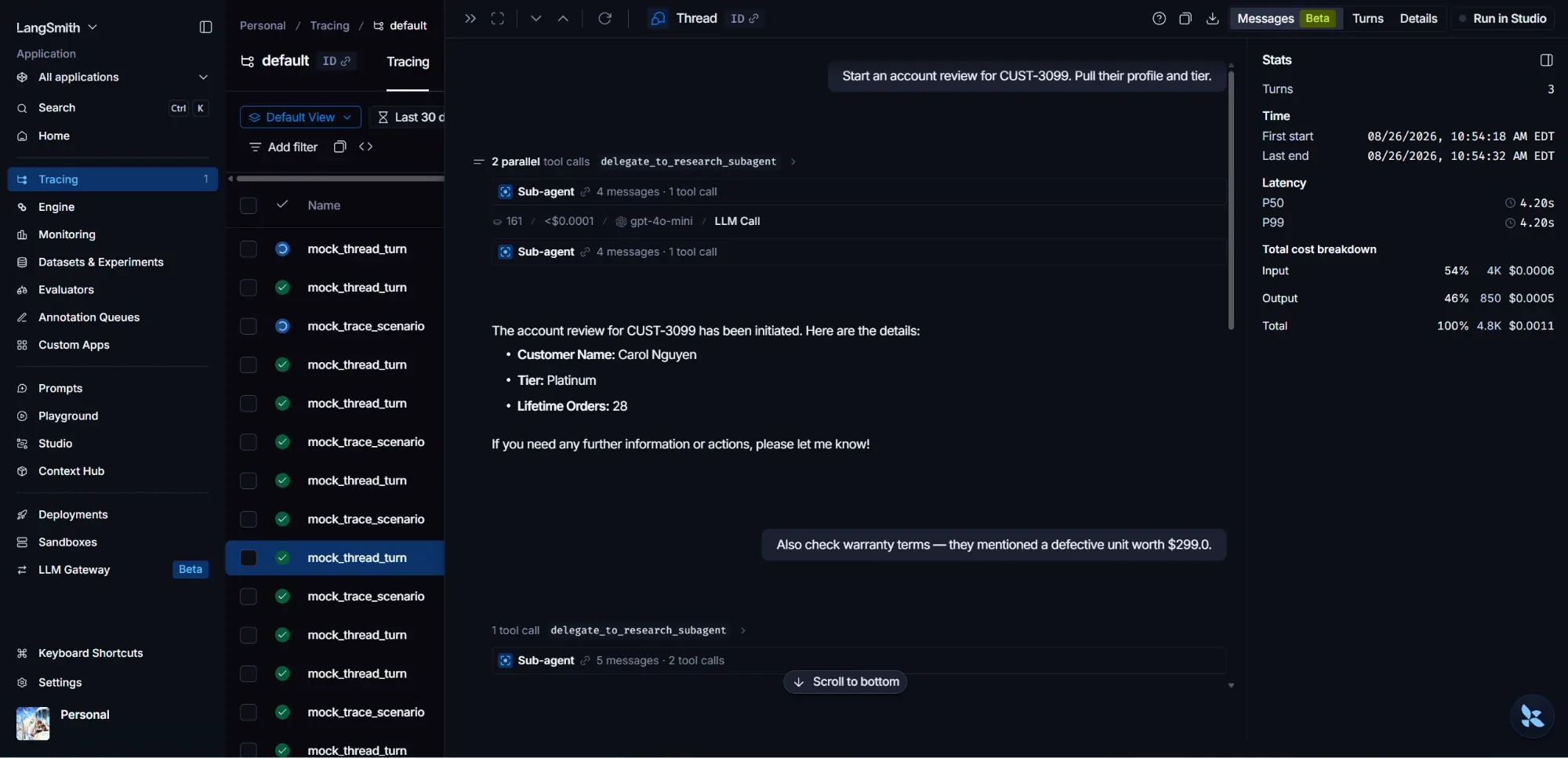 LangSmith’s Messages View shows a customer-review conversation with collapsed tool and subagent calls, alongside timing and cost statistics.
