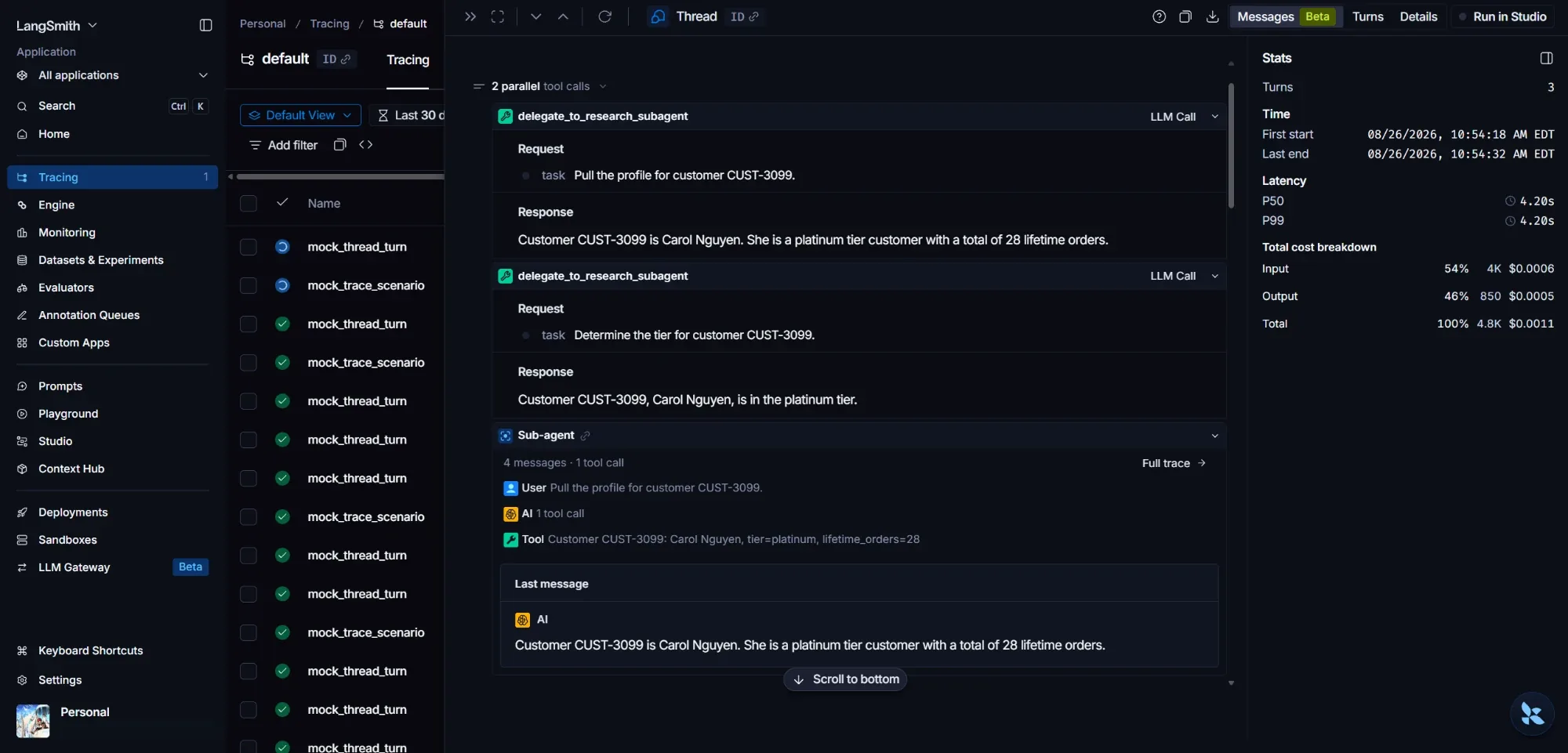 LangSmith’s Messages View shows expanded tool requests and responses, with a subagent’s messages and final response below.
